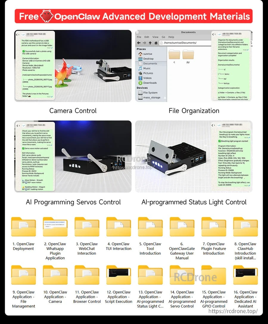Poster for Free OpenClaw advanced development materials with camera control, file organization, and servo/status light control examples