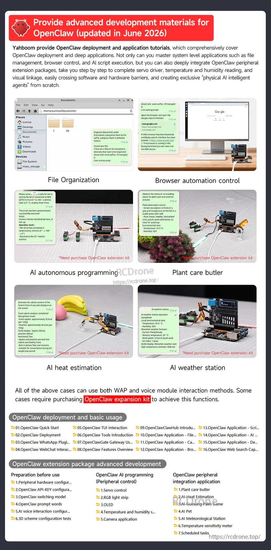 OpenClaw advanced development materials list with use cases like browser automation, plant care, and weather station