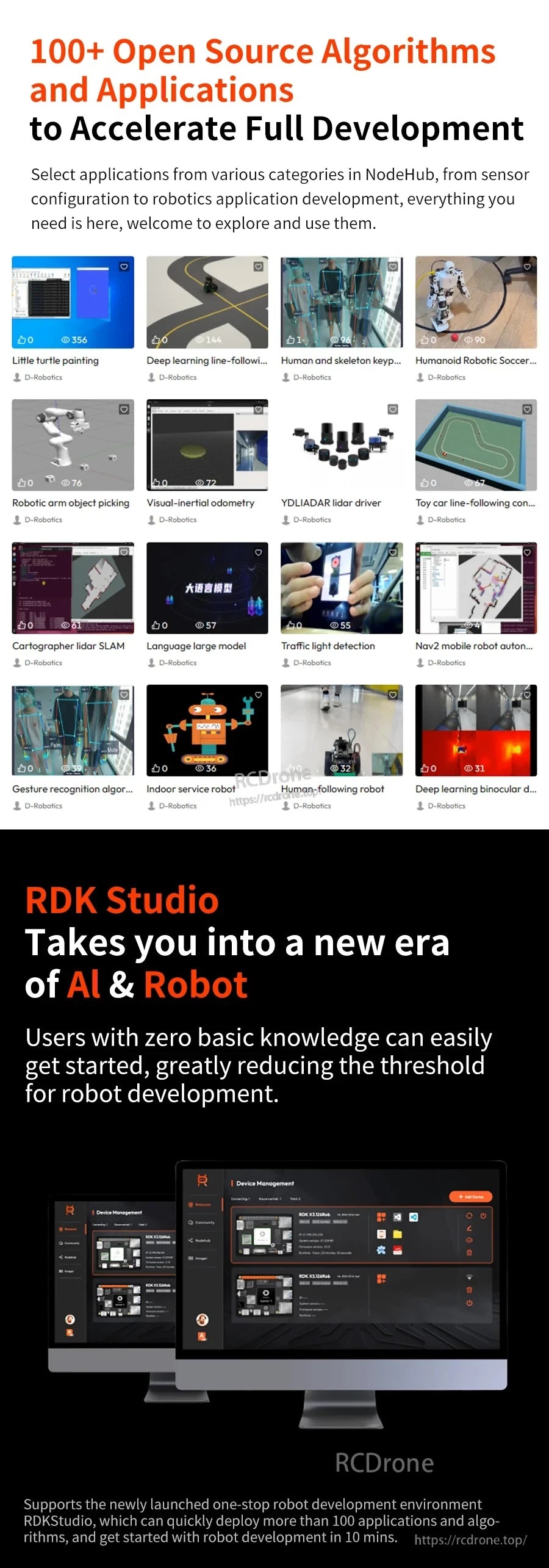 D-Robotics RDK X5 developer kit poster highlighting 100+ open-source algorithms and the RDK Studio interface