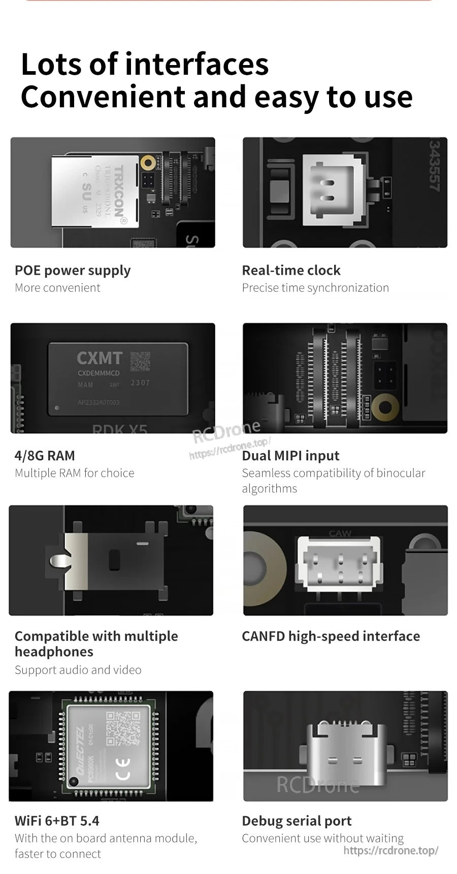 D-Robotics RDK X5 robot developer kit board highlights with PoE power, RTC, dual MIPI, CAN FD, WiFi6 and debug serial port