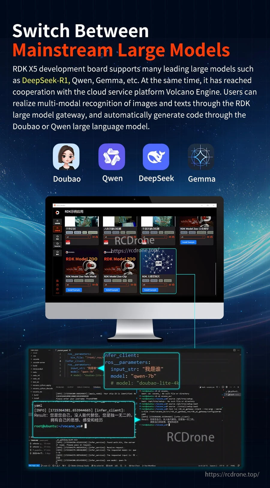 Mainstream large model switching on RDK X5, listing Doubao, Qwen, DeepSeek, and Gemma with code console