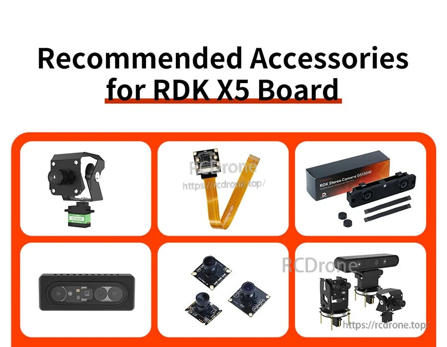 Recommended accessories for D-Robotics RDK X5 board, including camera modules, depth camera and gimbal options