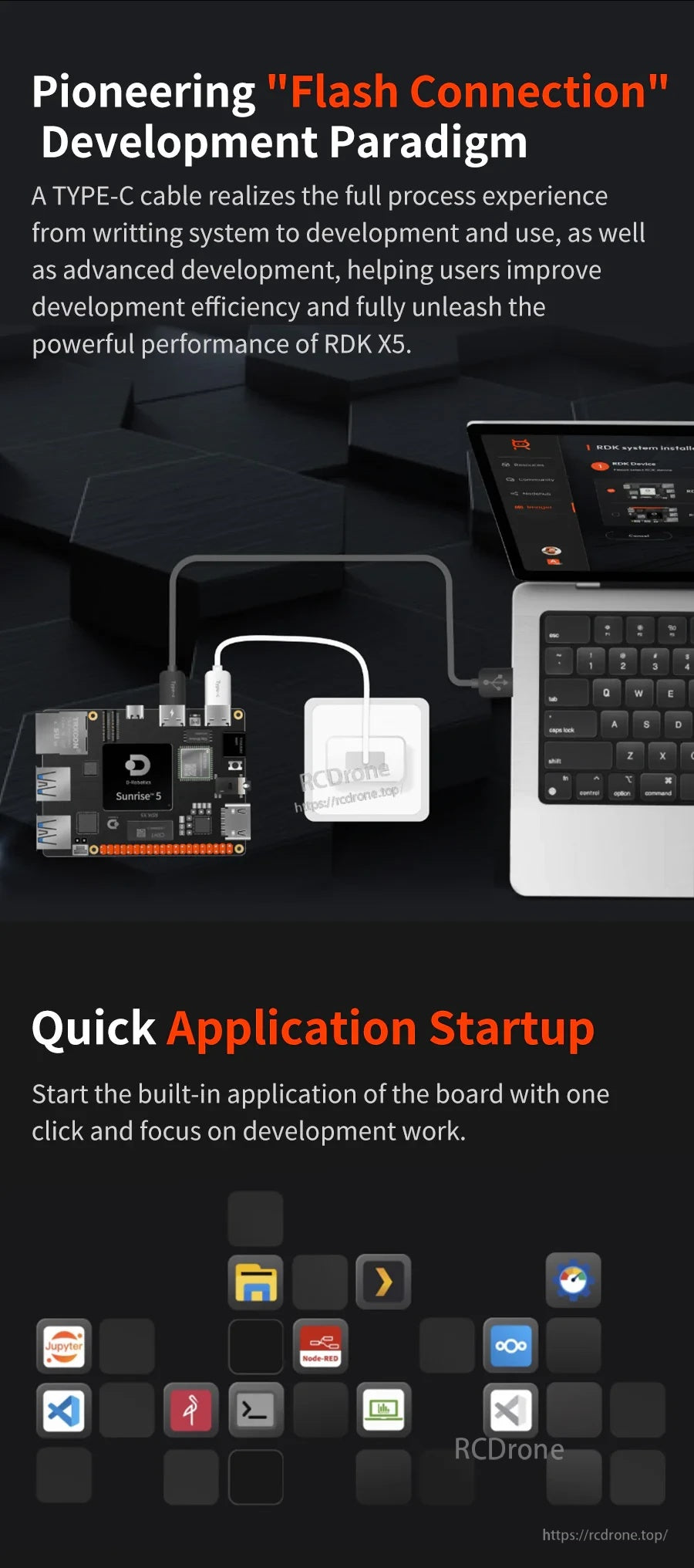 D-Robotics RDK X5 developer kit board connected by USB-C cable to a laptop, with quick app startup graphic