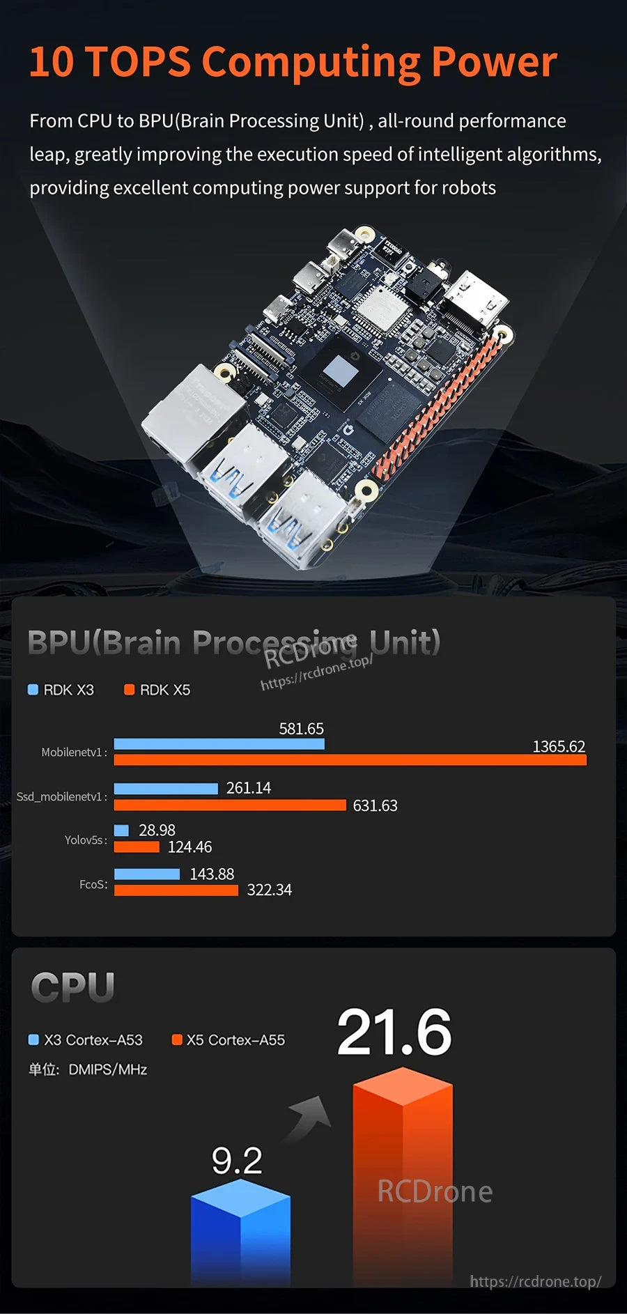 10 TOPS computing power graphic for RDK X5 showing BPU and CPU performance bars and board render
