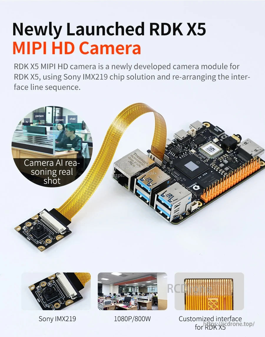 RDK X5 connected to an MIPI HD camera module via ribbon cable, labeled Sony IMX219 and customized interface