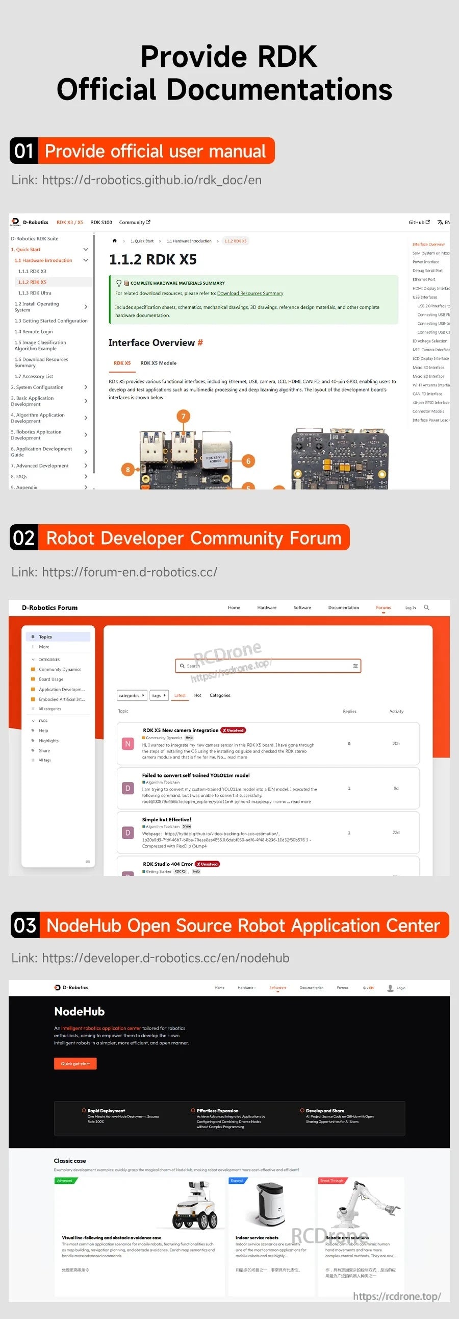 Links to RDK official documentation, robot developer community forum, and NodeHub open-source robot app center