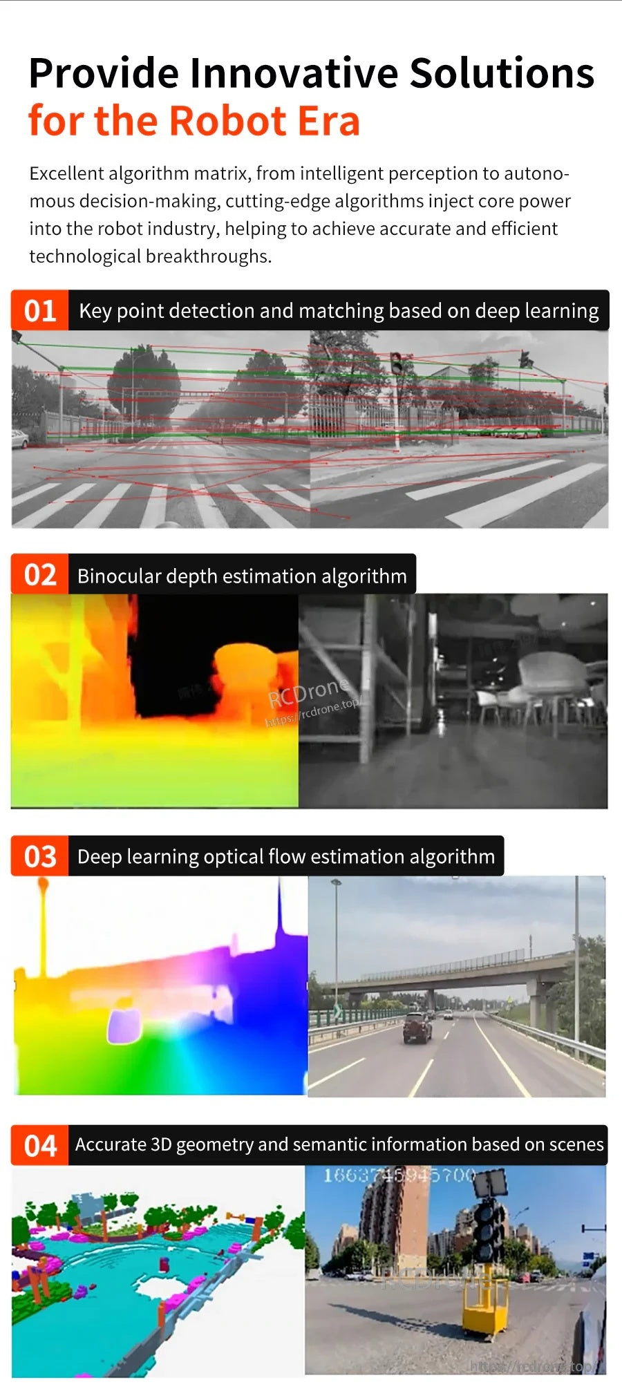 Robotics solution examples including keypoint detection, binocular depth estimation, optical flow, and 3D semantic mapping