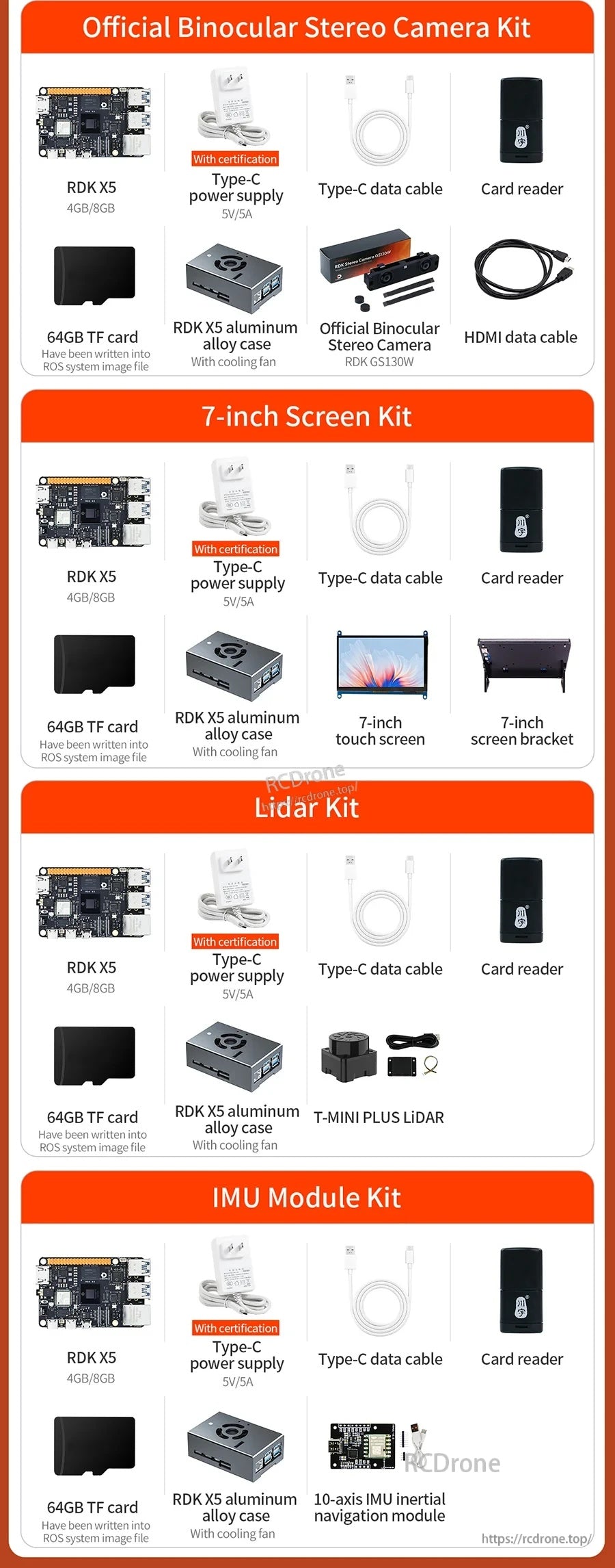 D-Robotics RDK X5 developer kit options with stereo camera, 7-inch screen, LiDAR or IMU module bundles