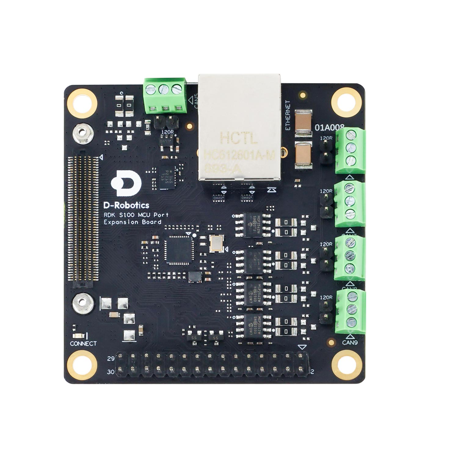 D-Robotics RDK S100(P) MCU port expansion board top view with RJ45 Ethernet and CAN FD terminals