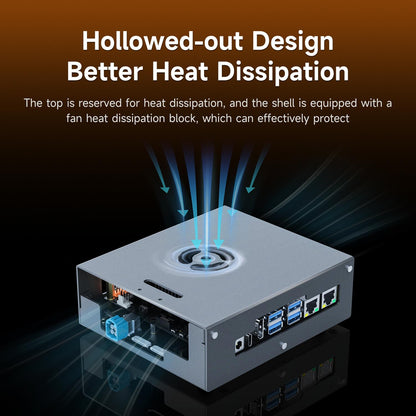 RDK S100(P) case heat dissipation graphic showing hollowed top vent and airflow over installed board