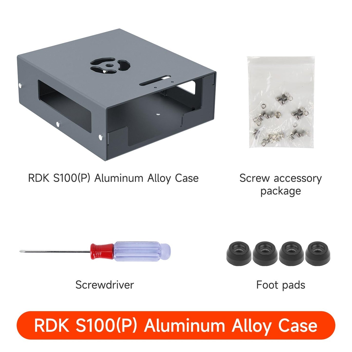 Standard kit layout labeled: RDK S100(P) aluminum alloy case, screw accessory pack, foot pads, screwdriver