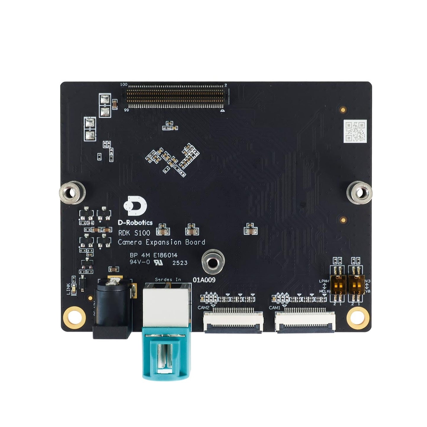 D-Robotics RDK S100(P) camera expansion board top view with DC jack, Fakra connector, and dual 22-pin MIPI ports