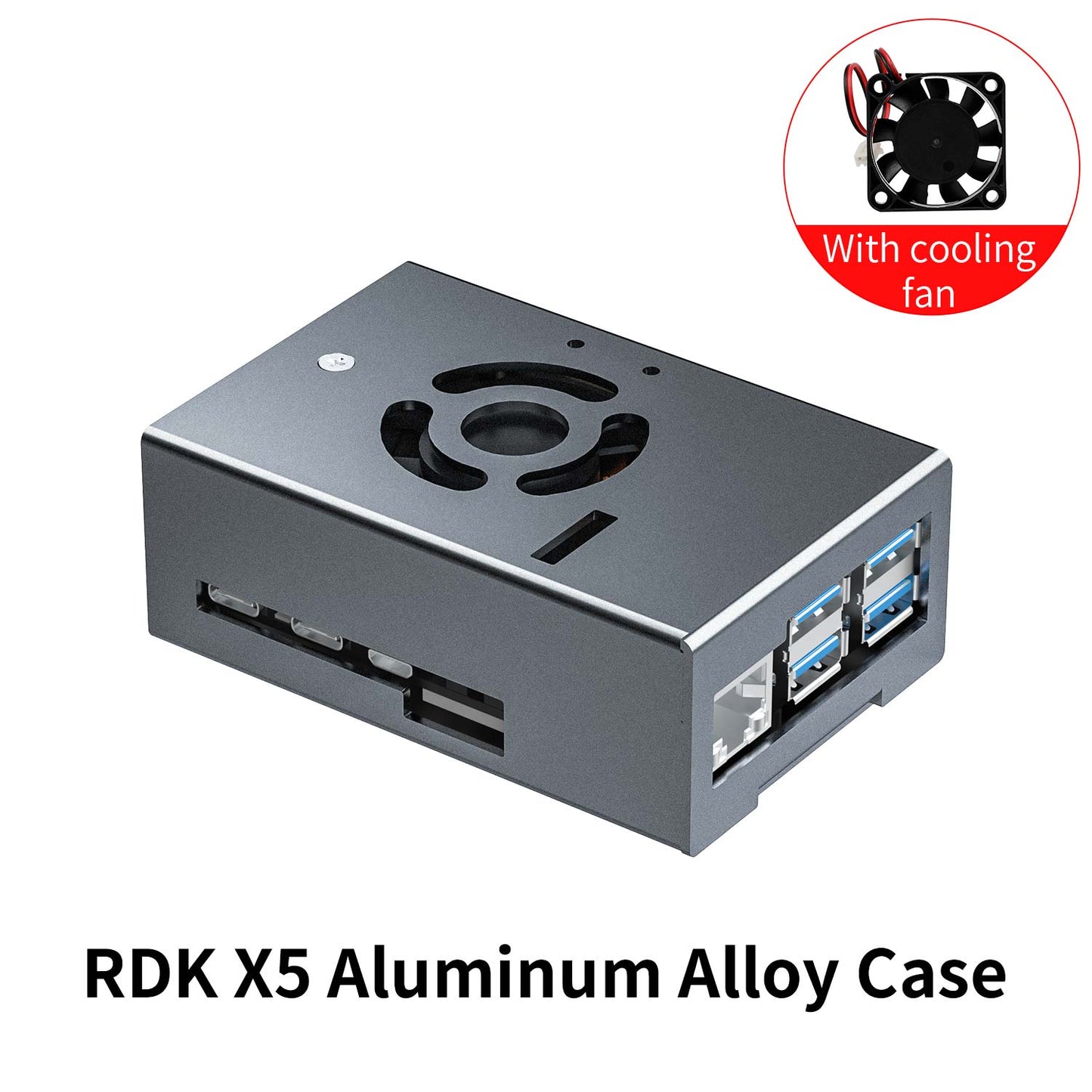 with cooling fan badge, angled view showing top vent and front USB/Ethernet openings
