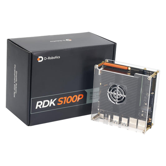D-Robotics RDK S100P developer kit board in acrylic case beside retail box