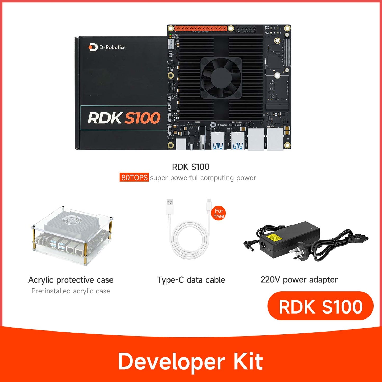 D-Robotics RDK S100 developer kit contents: board, retail box, acrylic case, Type‑C cable, 220V adapter