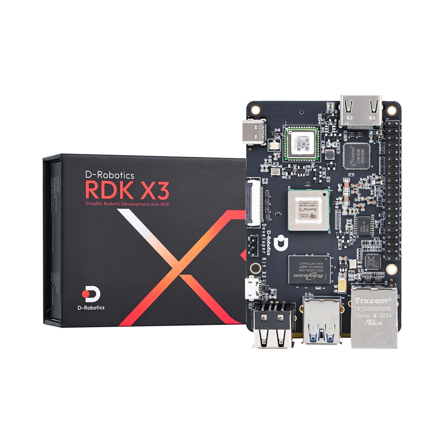 D-Robot RDK X3 development board beside retail box, top view of ports and heatsinked chips