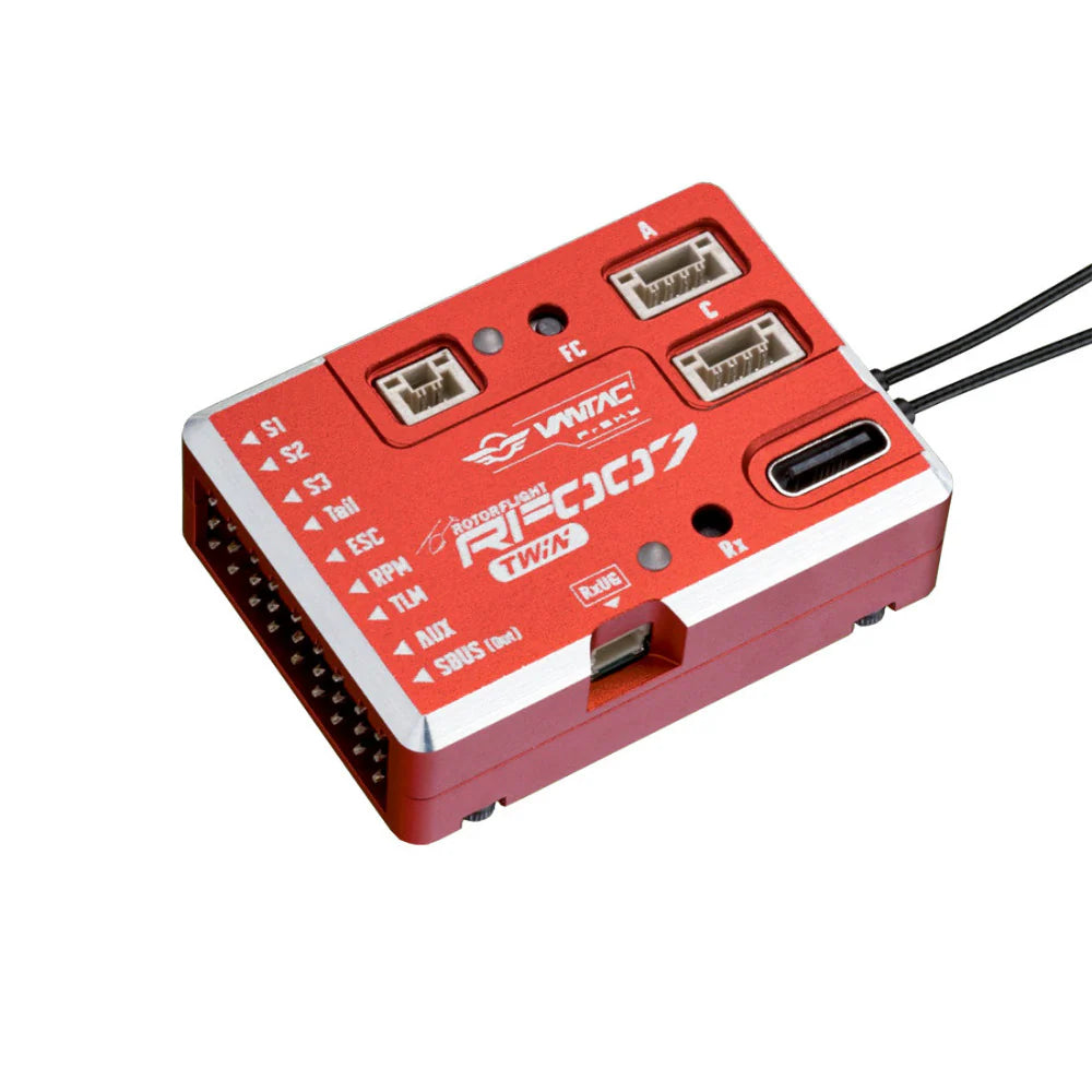 ROTORFLIGHT VANTAC RF007 Archer+/Twin FBL helicopter flight controller, red module with labeled ports