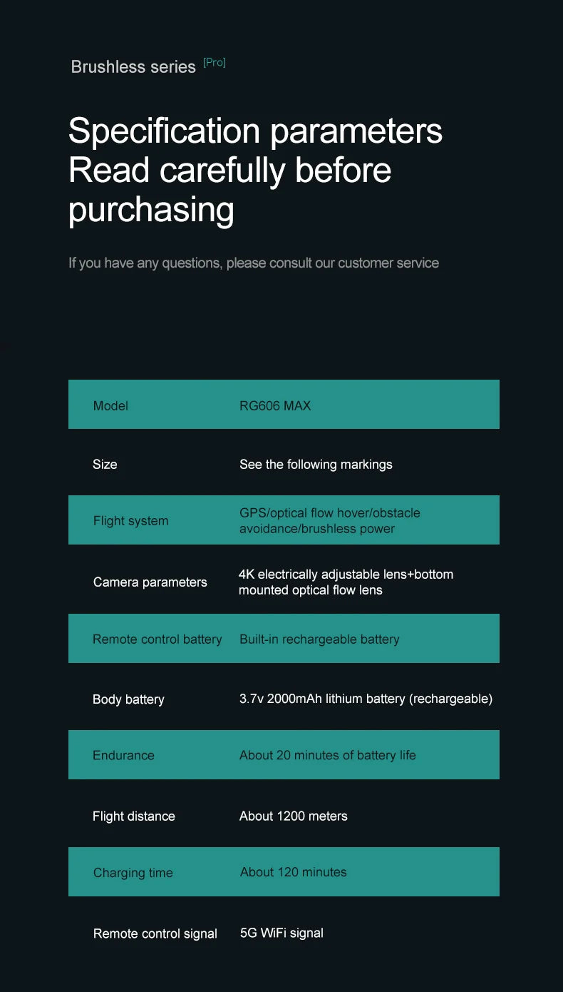 RG606 Max Drone, Brushless drone with GPS, optical flow, and obstacle avoidance features; remote control, rechargeable battery, 20-minute flight time, and 1200-meter range.