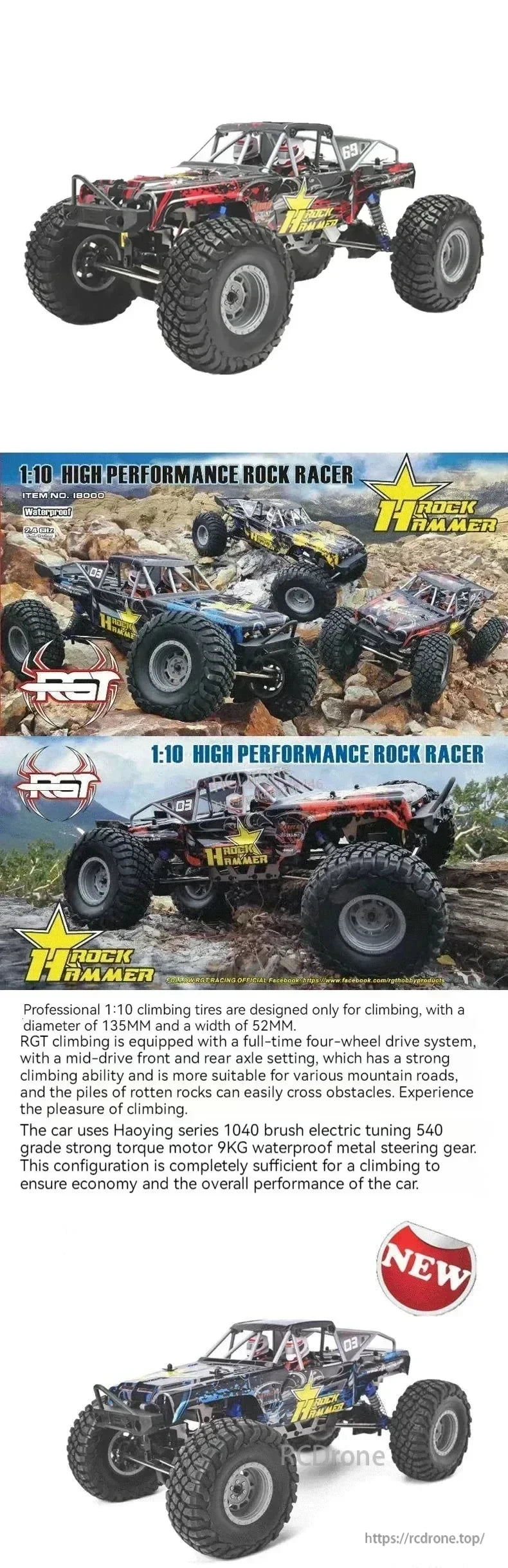 RGT 1/10 Scale 4WD Electric Rock Climber Rc Car, 1:10 scale 4WD electric RC rock crawler with climbing tires, mid-axles, Haoying 1040 motor, and waterproof steering—built for tough terrain and obstacle navigation.