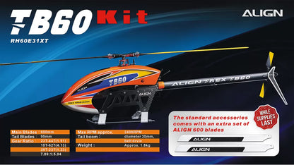The Align T-REX TB60 Electronic RC Helicopter features standard accessories, including extra main blades, and specifications like maximum RPM and gear ratio.