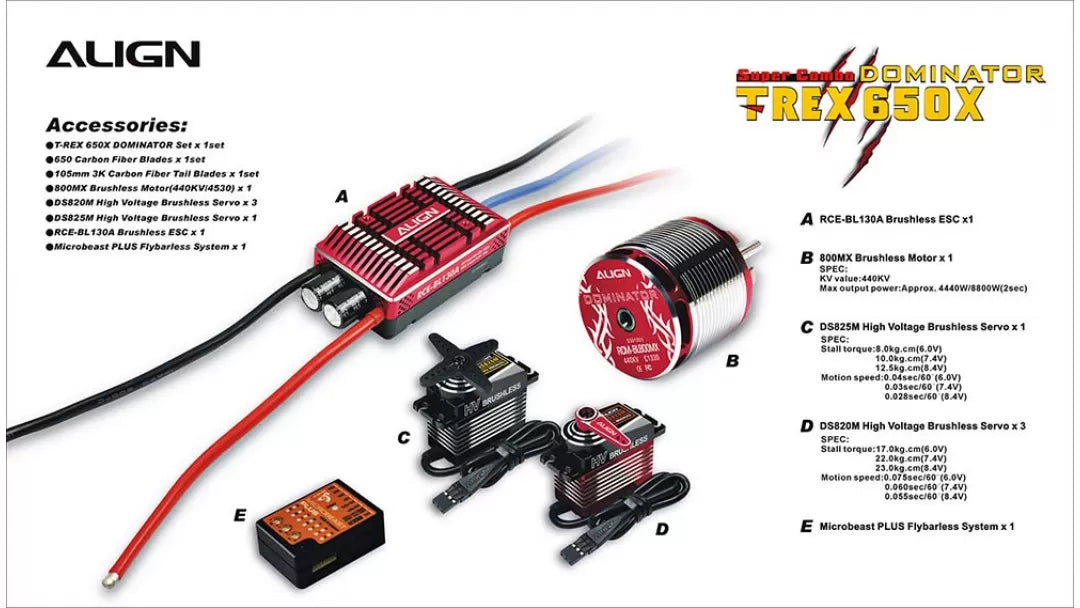 Align T-REX 650X Electronic RC Helicopter, Align T-REX 650X RC Helicopter Kit includes accessories like dominator motor, carbo ean, and microbeast flybarless system for smooth and precise control.