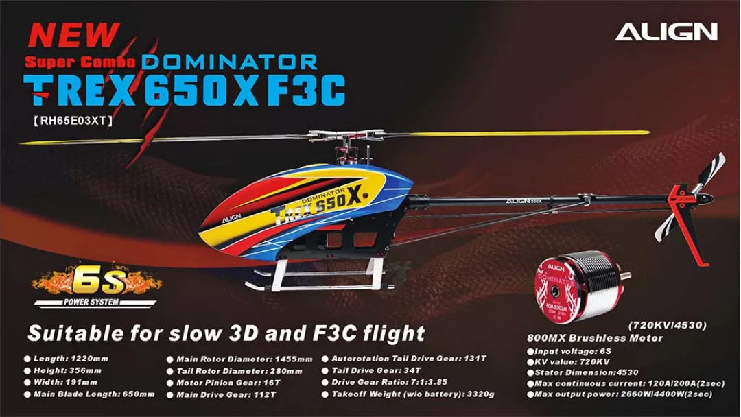 Align T-REX 650X Electronic RC Helicopter, An RC helicopter suitable for slow 3D and F3C flight with an 800MX brushless motor.