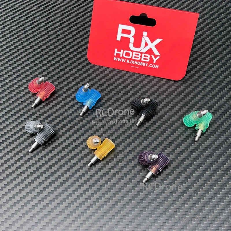 RJX Hobby textured anti-slip gimbal stick ends with threaded shafts, shown in multiple colors