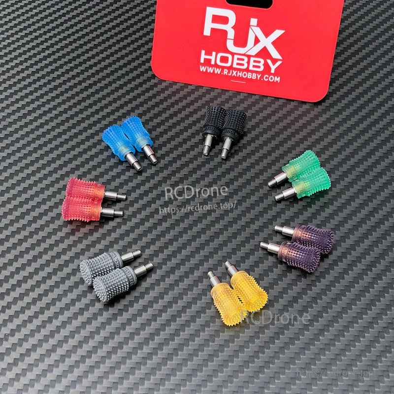 Colorful textured RJX gimbal stick end caps with metal threaded shafts for RadioMaster Pocket controllers