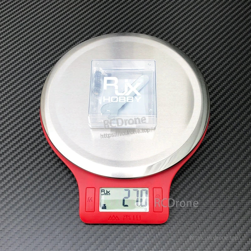 RJX 1 Pair V3 M4 Anti-Slip Gimbal Stick, RJX Hobby gimbal stick set in a clear plastic box on a digital scale reading 27.0 g