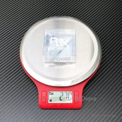 RJX 1 Pair V3 M4 Anti-Slip Gimbal Stick, RJX Hobby gimbal stick set in a clear plastic box on a digital scale reading 27.0 g