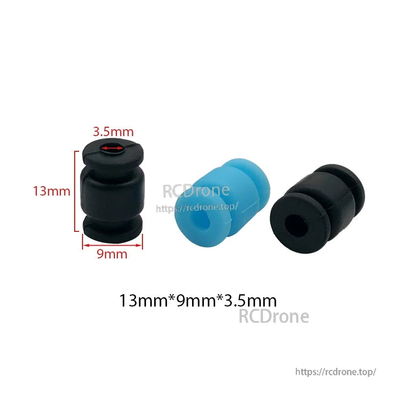 RJX 100pcs 13x9x3.5mm Silicone Damping Ball, Silicone damping balls in black and blue with labeled size 13 x 9 x 3.5 mm for RC mounting vibration isolation