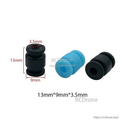 RJX 100pcs 13x9x3.5mm Silicone Damping Ball, Silicone damping balls in black and blue with labeled size 13 x 9 x 3.5 mm for RC mounting vibration isolation