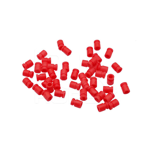 RJX 100pcs 3x5x7mm Damping Ball, RJX red 3x5x7mm damping balls, small silicone vibration dampers set scattered on white background
