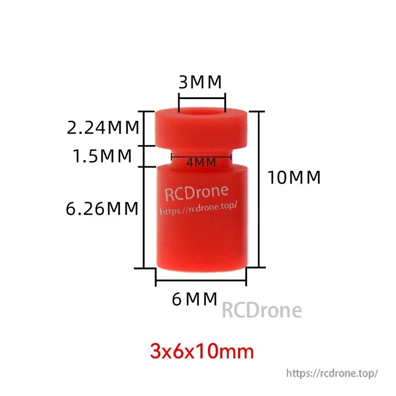 RJX 100pcs 3x6x10mm Silicone Damping Ball, Red silicone damping ball/bushing with labeled dimensions, 3x6x10mm (3mm top, 6mm base, 10mm height).