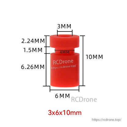 RJX 100pcs 3x6x10mm Silicone Damping Ball, Red silicone damping ball/bushing with labeled dimensions, 3x6x10mm (3mm top, 6mm base, 10mm height).