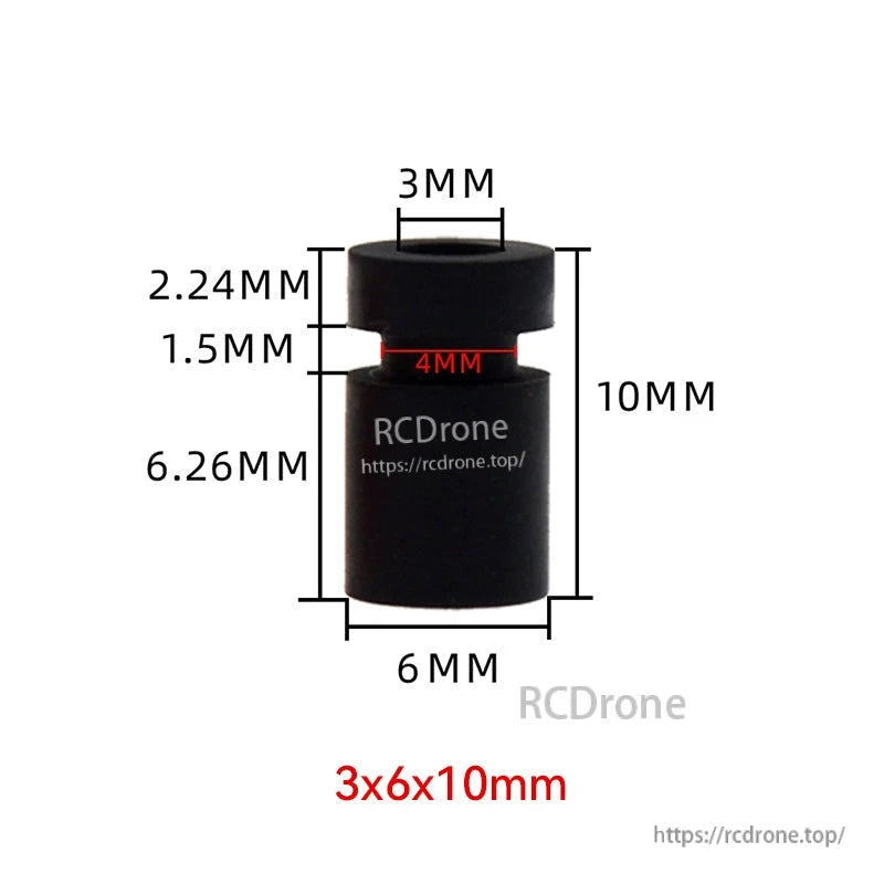 RJX 100pcs 3x6x10mm Silicone Damping Ball, Black silicone damping ball with 3x6x10mm dimensions marked, for RC drone vibration isolation mounts