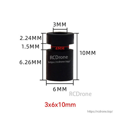 RJX 100pcs 3x6x10mm Silicone Damping Ball, Black silicone damping ball with 3x6x10mm dimensions marked, for RC drone vibration isolation mounts