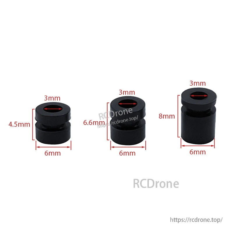 RJX 100pcs Silicone Anti‑Vibration Damping Ball, Black silicone anti-vibration damping balls, 6mm diameter with 3mm hole, in 4.5mm, 6.6mm and 8mm heights