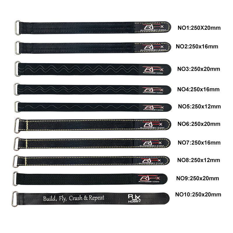 RJX 10pcs Kevlar Battery Strap, RJX Kevlar battery straps with metal buckles, 250mm length in assorted widths (12mm, 16mm, 20mm)