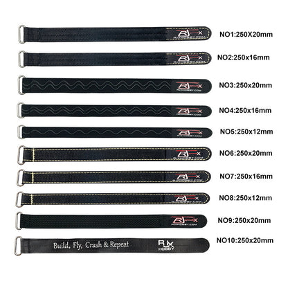RJX 10pcs Kevlar Battery Strap, RJX Kevlar battery straps with metal buckles, 250mm length in assorted widths (12mm, 16mm, 20mm)