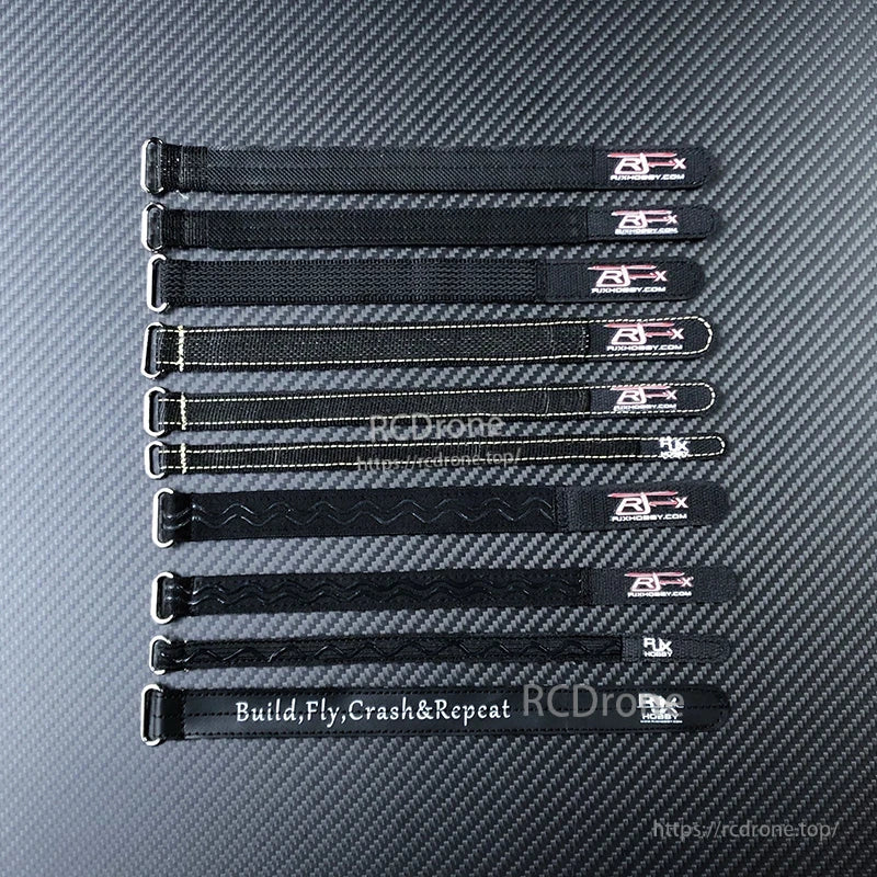 RJX 10pcs Kevlar Battery Strap, Set of 10 RJX black Kevlar battery straps with metal buckles, laid out in different lengths and stitching styles