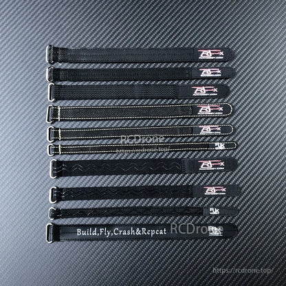 RJX 10pcs Kevlar Battery Strap, Set of 10 RJX black Kevlar battery straps with metal buckles, laid out in different lengths and stitching styles