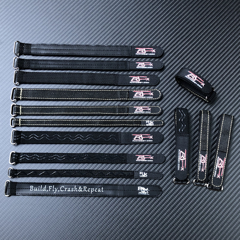 RJX 10pcs Kevlar Battery Strap, Assorted RJX black Kevlar battery straps with metal buckles and stitched edges, laid out in a set