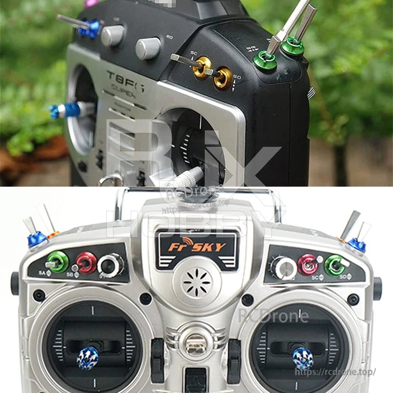 RJX 12PCS STAR POWER RC Transmitter Switch, RC transmitter with RJX Star Power colored metal switch caps installed on toggle switches