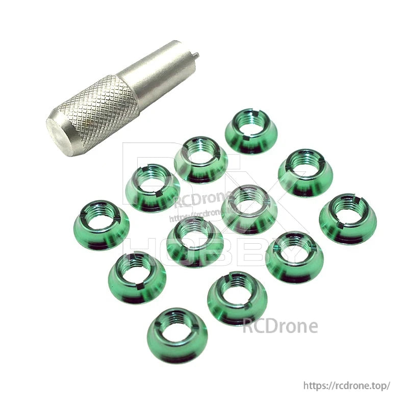 RJX 12PCS STAR POWER RC Transmitter Switch, Set of green anodized metal switch nuts with a knurled installation tool for an RC transmitter switch