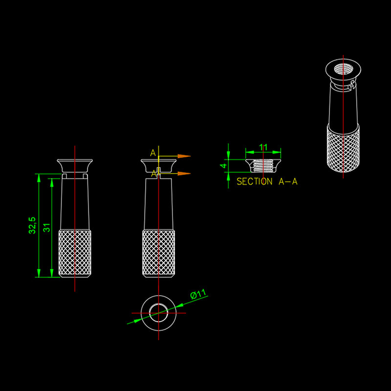 RJX 12PCS STAR POWER RC Transmitter Switch, Technical drawing of knurled RC transmitter power switch knob with 32.5 mm height and 11 mm diameter