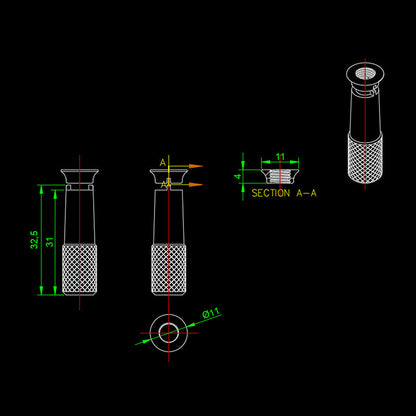 RJX 12PCS STAR POWER RC Transmitter Switch, Technical drawing of knurled RC transmitter power switch knob with 32.5 mm height and 11 mm diameter