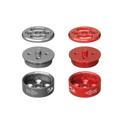 RJX 12mm self-tightening quick release prop adapter set, red and silver CW/CCW threaded caps and plates
