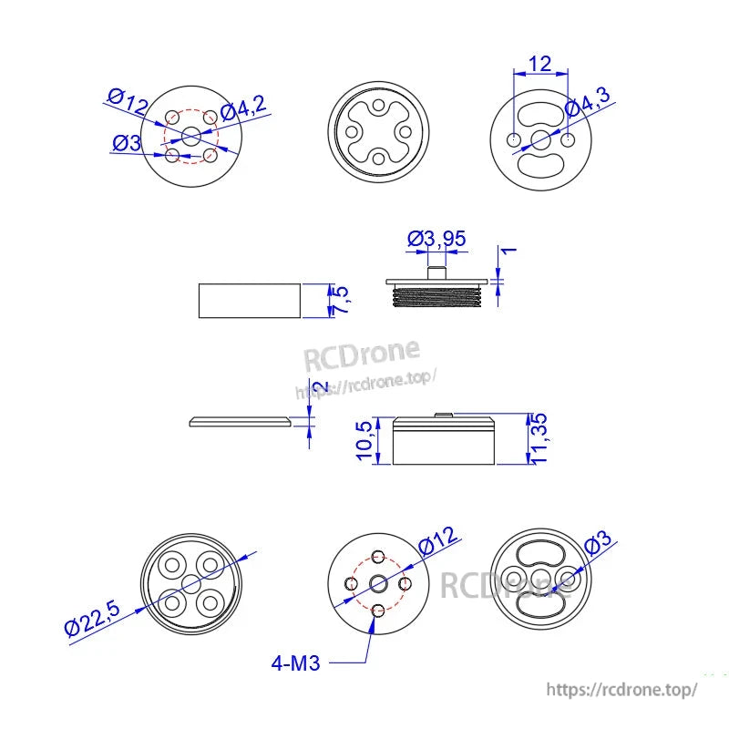 Technical drawing of 12mm quick-release prop adapter with Ø12 and Ø3 holes and 4-M3 mounting pattern