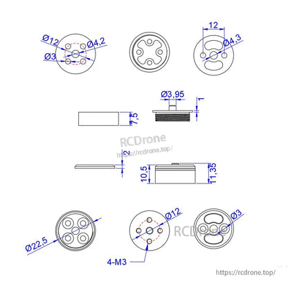 Technical drawing of 12mm quick-release prop adapter with Ø12 and Ø3 holes and 4-M3 mounting pattern